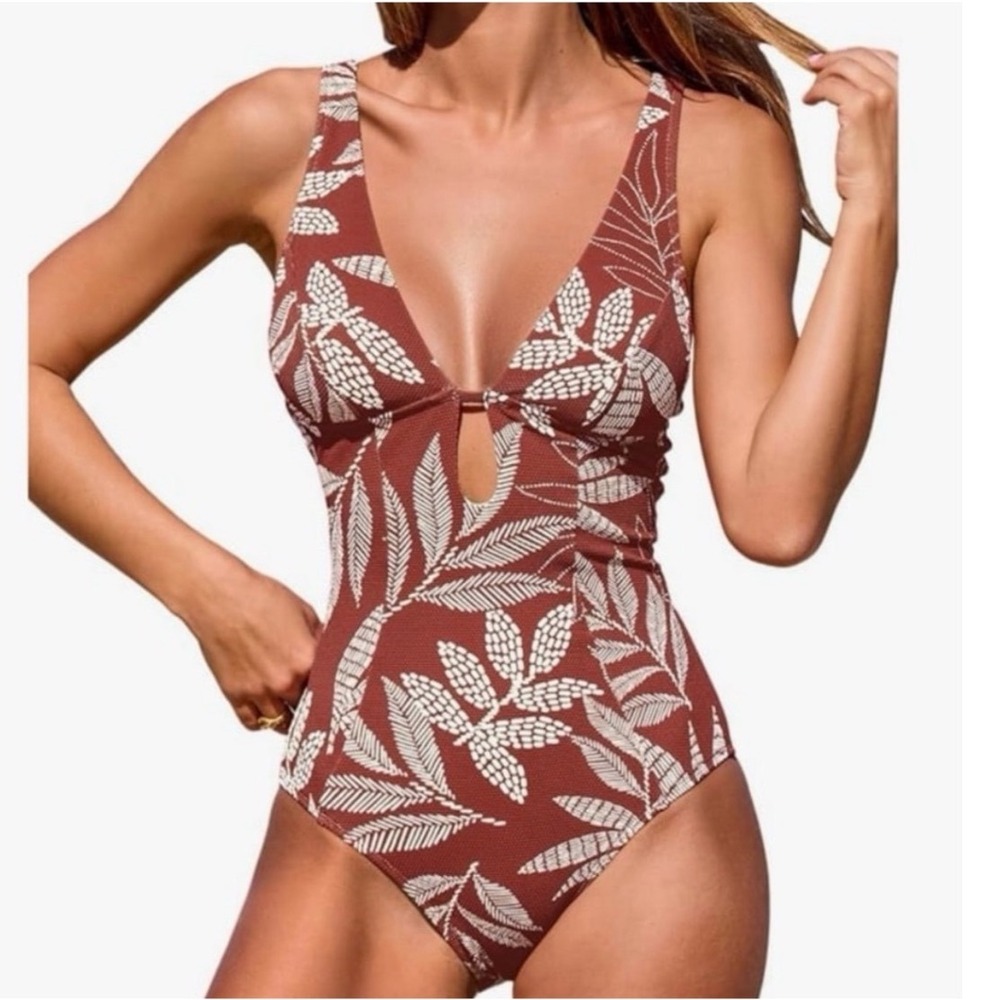 CUPSHE Women's One Piece Leaves Rust Brown Swimsuit Small